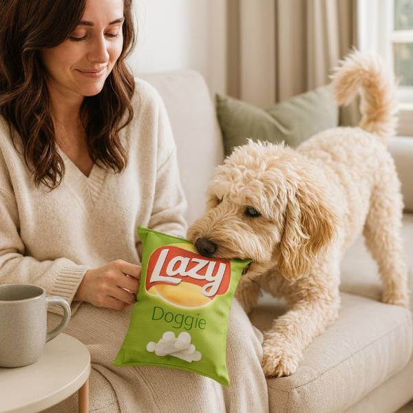 Safe and fun dog dental toy, Lazy Doggie plush chew for happy pets
