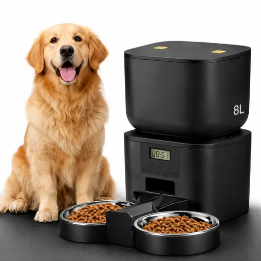 8L programmable dog food dispenser with twin bowls and LCD timer display
