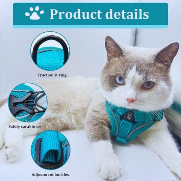 Detail view of reflective pet harness with buckles and mesh