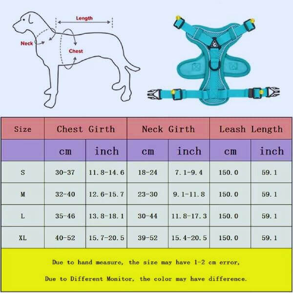 Dog harness chart with neck and chest girth instructions