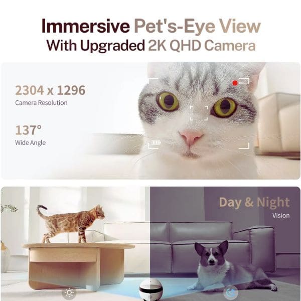 Wide-angle pet camera robot for dogs and cats
