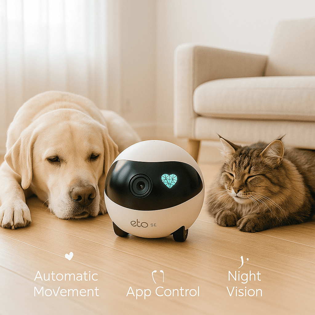 Wireless pet monitor robot beside resting pets indoors