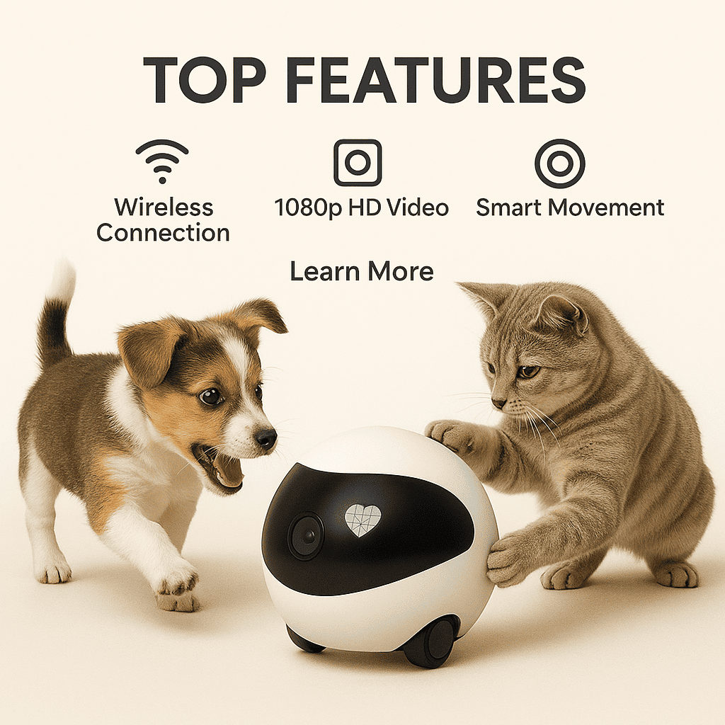 Pets interacting with PetGuard Pro moving camera robot
