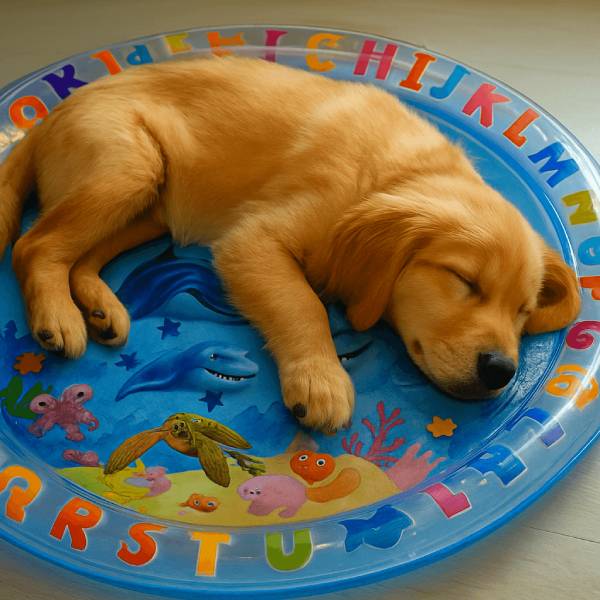 Dog sleeping peacefully on round alphabet water mat