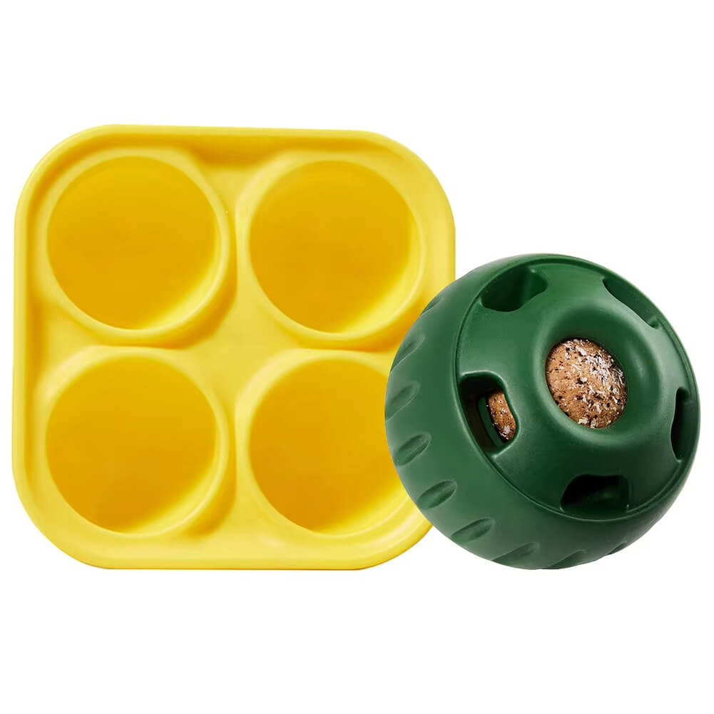 Green puzzle toy and yellow tray for pet feeding