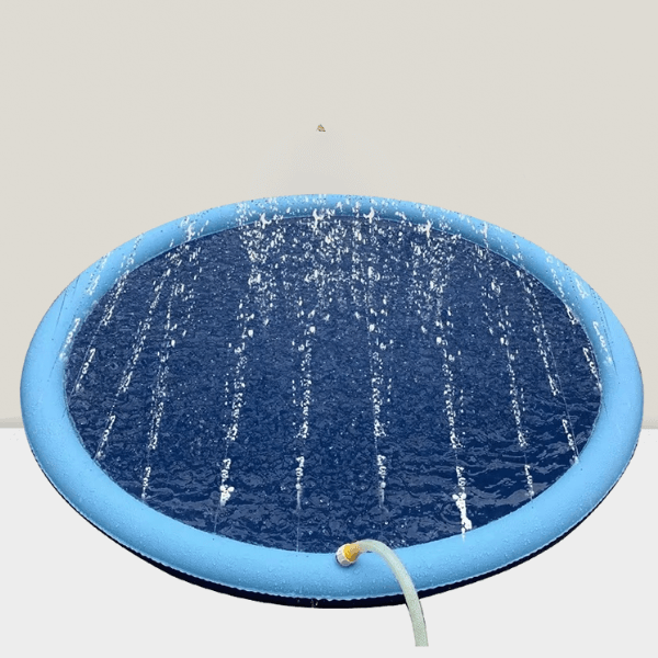 View of a filled sprinkler splash pad with hose attached.