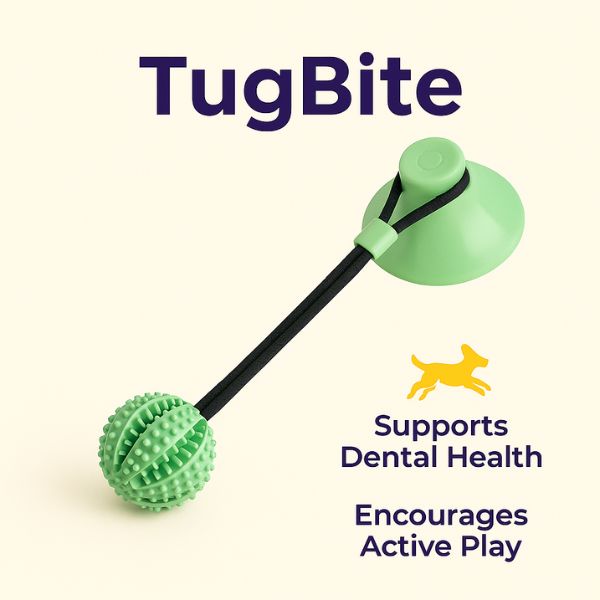 TugBite dog chew toy suction cup with interactive treat stimulation.