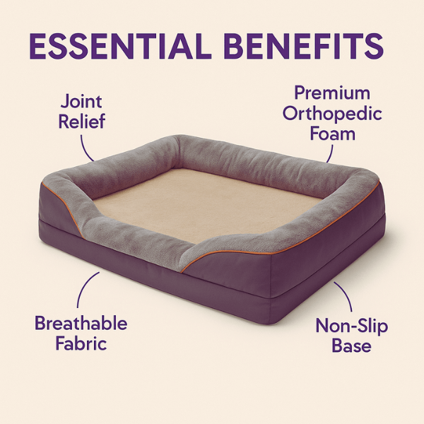 Waterproof dog bed showing orthopedic foam support and washable design.