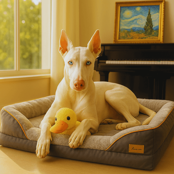 Cute white dog resting with plush yellow duck toy on Zlee bed.