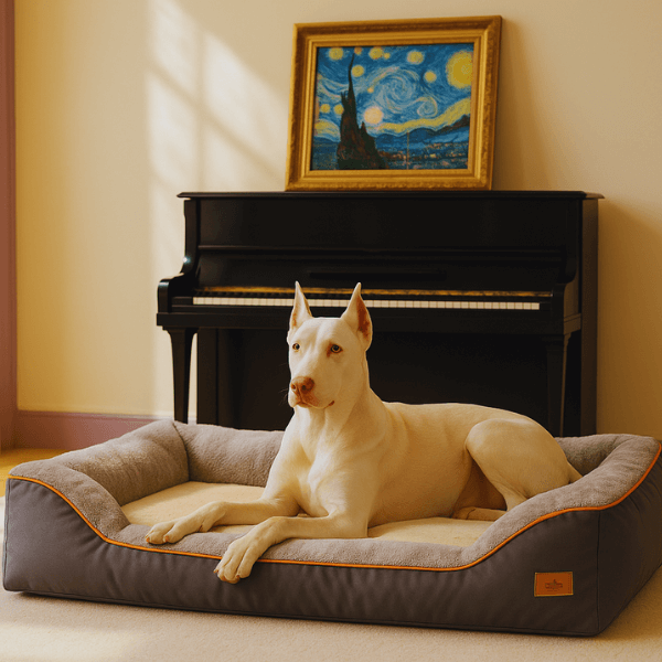 Dog sitting upright in Zlee bed in front of piano – stylish and cozy.