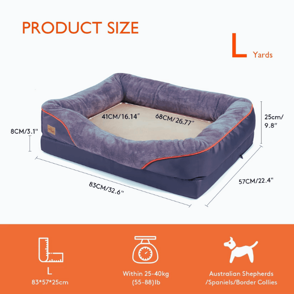 Pet Store ED orthopedic dog bed large waterproof with size and weight guide.