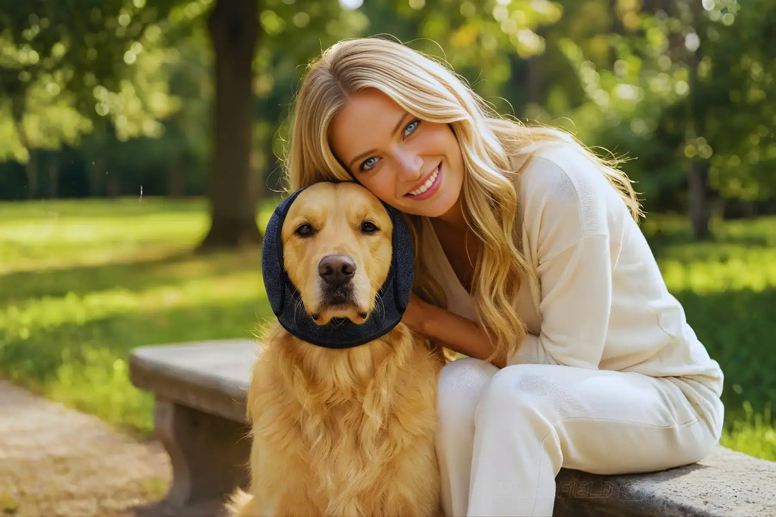 Dog using noise-reducing ear muffs for calm outdoor time with his smiling owner.
