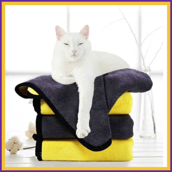 White cat lounging on stacked yellow and gray fleece towels in a minimalist room