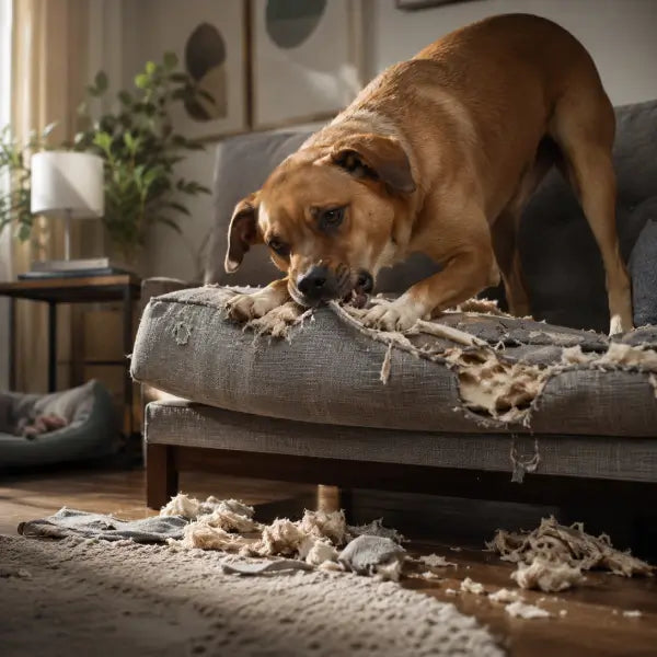 Dog destroying a cushion due to boredom and lack of mental stimulation.