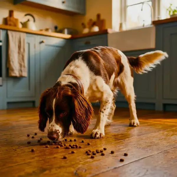 A brown and white Springer Spaniel dog engaged in scatter feeding, sniffing and eating kibble scattered across a wooden kitchen floor.
