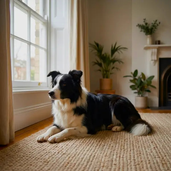A brown and white Springer Spaniel lying down on a grey textured rug, deeply engrossed in a bright yellow and red puzzle feeder toy that dispenses kibble.