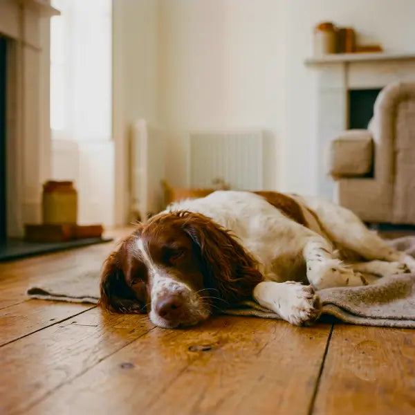 A brown and white spaniel is lying peacefully on a grey mat on the wooden floor. Its face is relaxed and peaceful, showing contentment.