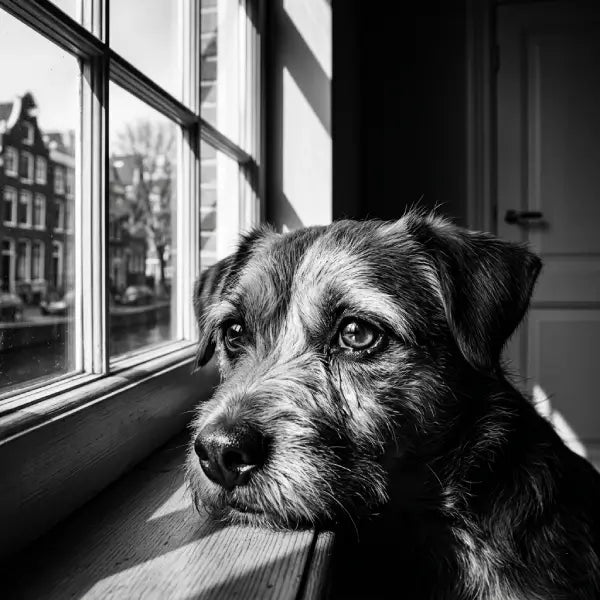 Dog with separation anxiety waiting by the window – interactive toys for anxious dogs