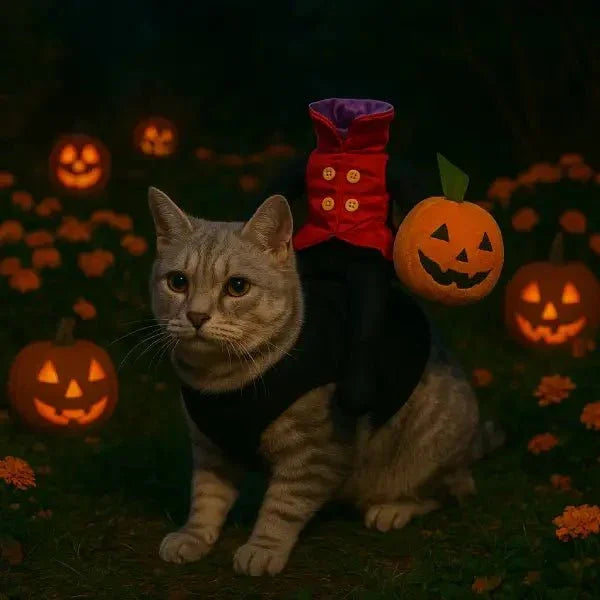 Cat in Halloween costume with pumpkin decor, surrounded by glowing jack-o'-lanterns outdoors