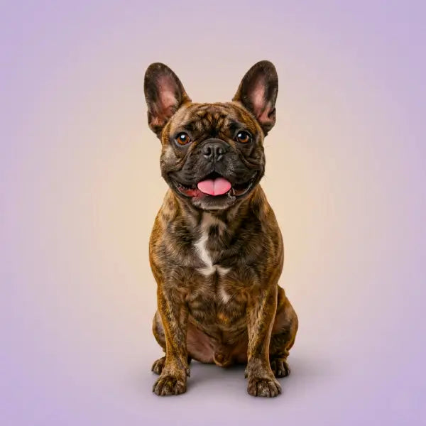 Happy French Bulldog sitting against a soft lavender background, ideal enrichment toys and mental stimulation for dogs UK