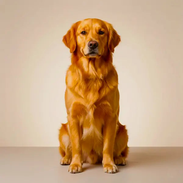 Healthy adult Golden Retriever with a dense golden coat sitting in an orthostatic pose within a studio. Attentive look at the camera | petstore ed