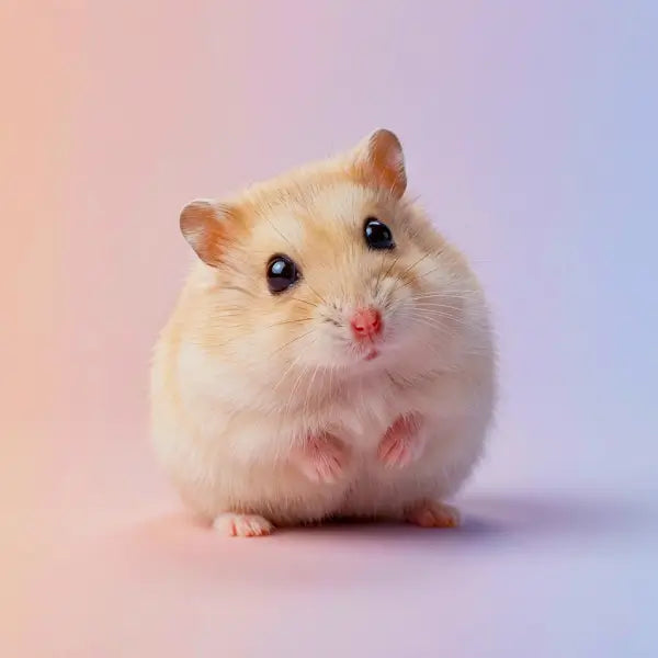 Small, cute, cream-colored hamster in an upright posture, with large and curious eyes, looking at the camera | petstore ed