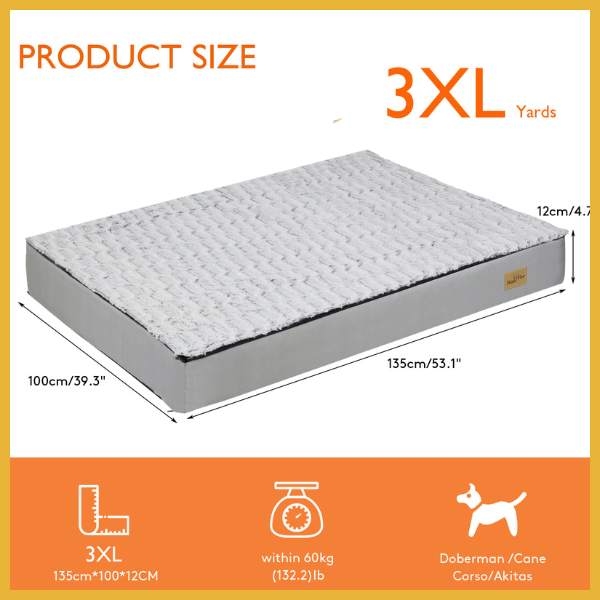 3XL large dog cushion for big breeds, grey plush surface, size 135x100x12cm with weight limit 60kg