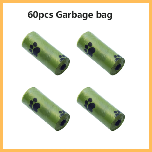 60-piece green garbage bag set with black paw prints, pet waste bags on white background