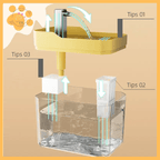Advanced filtration water fountain diagram with labeled filter tips and transparent tank