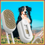 Happy dog outdoors with pet grooming brush and cleaning tool under blue sky