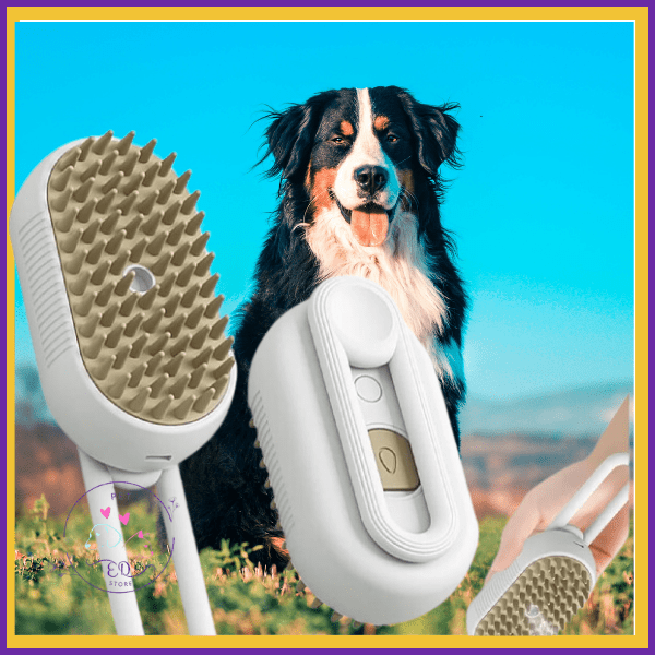Happy dog outdoors with pet grooming brush and cleaning tool under blue sky