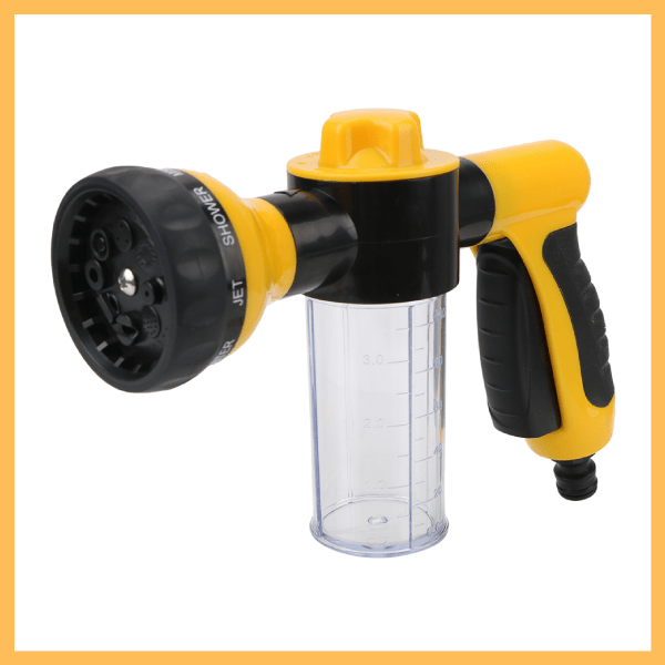 AquaPet Jet Compact yellow pet bath spray gun with adjustable spray settings and soap dispenser