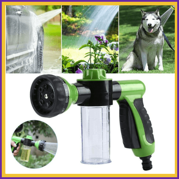 Versatile green spray nozzle for washing pets, cars, and garden care with soap dispenser