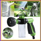 Versatile green spray nozzle for washing pets, cars, and garden care with soap dispenser