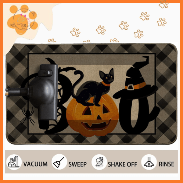 Halloween cat mat with black cat on jack-o'-lantern, spider, witch hat, and BOO text.