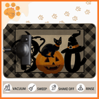 Halloween cat mat with black cat on jack-o'-lantern, spider, witch hat, and BOO text.