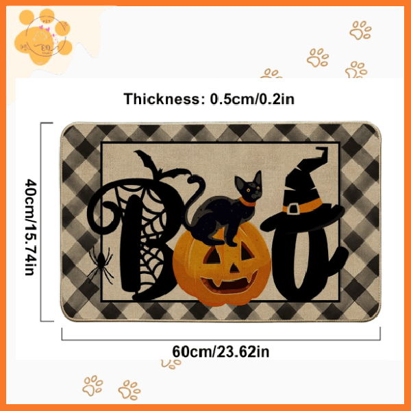 Halloween doormat with BOO text, black cat, pumpkin, spider web, and witch hat, 60x40cm