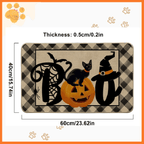 Halloween doormat with BOO text, black cat, pumpkin, spider web, and witch hat, 60x40cm