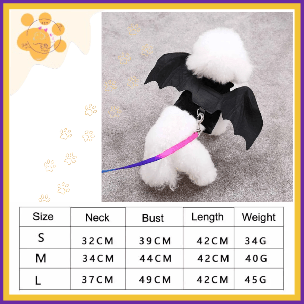 Dog in bat wings costume with size guide for pet Halloween outfit, featuring neck, bust, length, and weight chart.