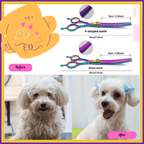 Before and after dog grooming with scissors, showing fluffy dog and neatly trimmed dog with bows.