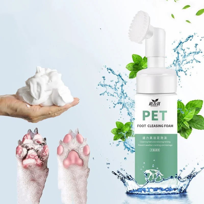 Pet foot cleansing foam bottle with foam in hand, clean and dirty dog paws, mint leaves, and water.