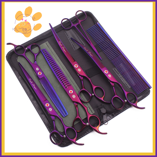 Blue Dragon grooming essentials kit with purple scissors and combs in a black case