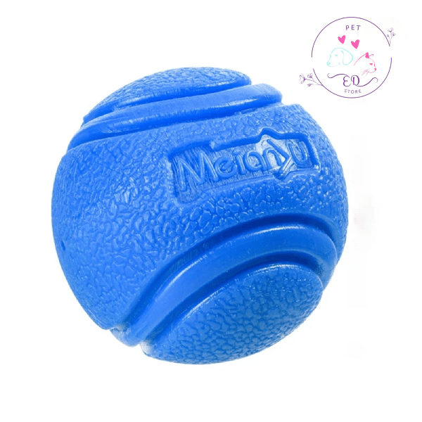 Blue textured eco-friendly dog chew ball toy with Pet Store logo on white background