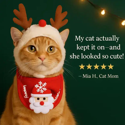 Orange cat wearing reindeer antlers hat and Santa Claus bib with Christmas lights background