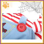Chucky costume detail with red button, striped shirt, blue overalls, spider web graphic