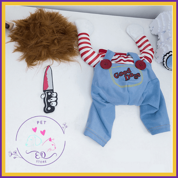 Chucky-inspired pet costume set with wig, striped sleeves, blue overalls, and toy knife.