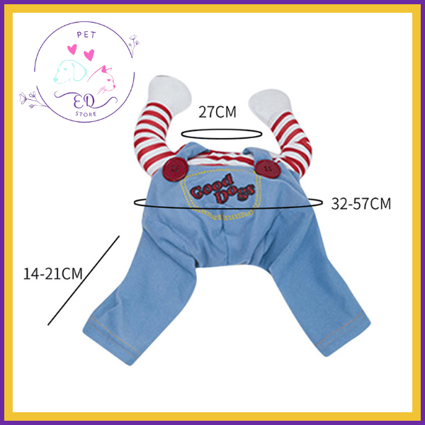 Chucky dog costume size guide with measurements, blue jumpsuit, red striped sleeves, Good Dog text.