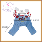Chucky dog costume size guide with measurements, blue jumpsuit, red striped sleeves, Good Dog text.