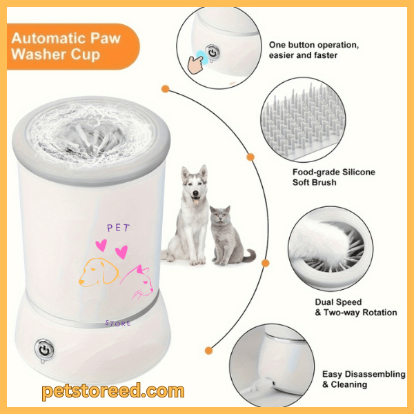 Automatic paw washer cup with silicone brush for pets, one button, dual speed rotation, easy cleaning.