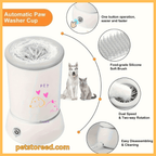 Automatic paw washer cup with silicone brush for pets, one button, dual speed rotation, easy cleaning.